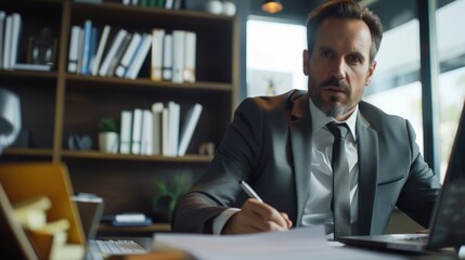 Obraz premium A focused businessman in a suit works on a laptop and takes notes in a modern office, exemplifying productivity and professionalism.