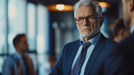 Fototapeta premium Experienced elderly CEO businessman with smart confident, wearing a suit, tie and a serious expression standing in the meeting room.