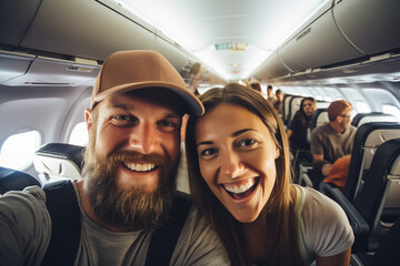 A couple on an airplane takes a selfie. Travel concept
