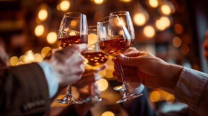 Close-up of business team holding champagne glasses and raising glasses in a toast for celebrate the team's business success with an atmosphere of happiness and joy.