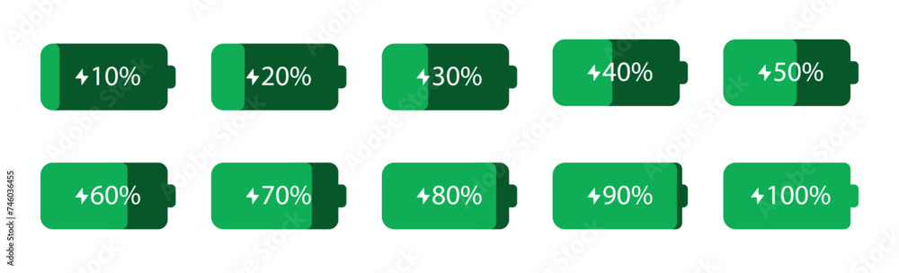 Poster battery charge level indicator in green color. horizontal style battery charging progress icon set w