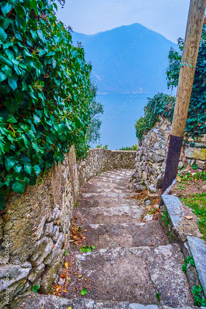 Wall mural The narrow steep descent with old stairs, Gandria, Switzerland