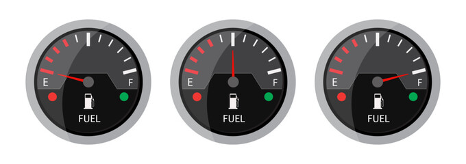 Fuel gauge meter vector illustration with low, medium and full fuel indicator for bike car in vintage style on white background.