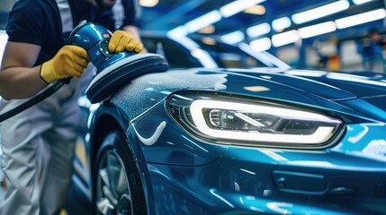 Obraz premium A man polishes a car. Selective focus.