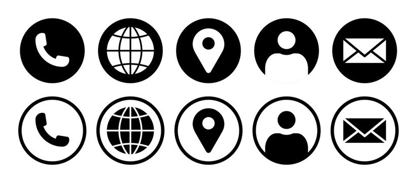 Visiting card icon set with phone, call, contact, message, location, globe and profile symbol in black and white color on white background.