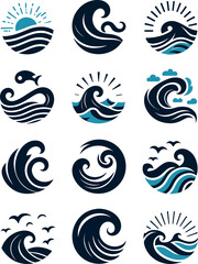 set of sea wave sunset logo icon silhouette symbols clipart, sunset logo concept