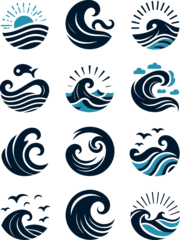 Poster set of sea wave sunset logo icon silhouette symbols clipart, sunset logo concept © Suman