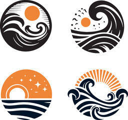 set of sea wave sunset logo icon silhouette symbols clipart, sunset logo concept