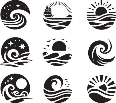 set of sea wave sunset logo icon silhouette symbols clipart, sunset logo concept