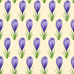 Watercolor purple crocuses seamless pattern, spring flower digital paper on yellow background. Hand painted floral illustration. For textile design, packaging, wrapping paper, wallpaper, scrapbooking.