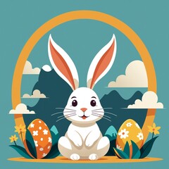 Charming Easter Bunny with Colorful Eggs and Spring Florals 2D Flat Illustration