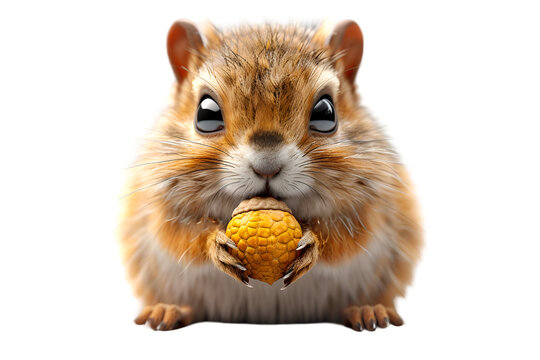 A 3D animated cartoon render of a curious squirrel holding an acorn.