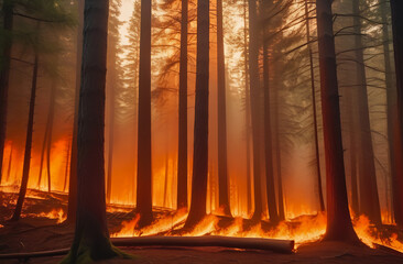 Fire in the forest, trees are burning