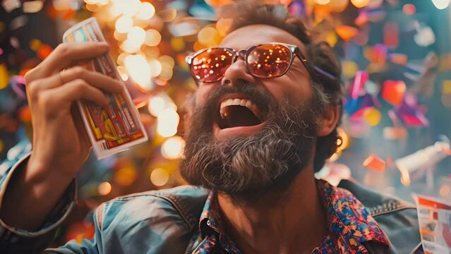 A very happy elderly bearded man takes out a lucky lottery ticket and celebrates a big win