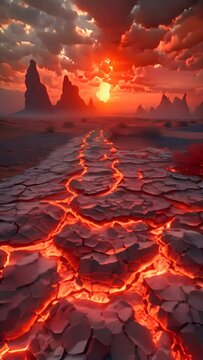 cracked lines of sand and clay leading into jagged desert rock spires of Saudi Arabia tabuk region,generative ai