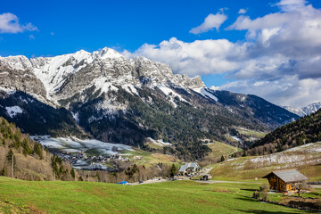 Fototapeta na wymiar Col de la Forclaz or Col de la Forclaz de Montmin is a 1157-meter-high mountain pass in French Alps. It is located in Auvergne-Rhone-Alpes region in Haute-Savoie department. Haute-Savoie, France.