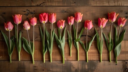 Our image showcases a row of tulips on a wooden background with space for a message-an elegant Mother's Day background, perfect for expressing love and appreciation