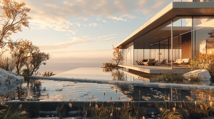 A modern architectural marvel perched on a cliff overlooking the ocean, floor-to-ceiling glass...