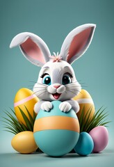 Fototapeta premium Joyful Easter Bunny Surrounded by Colorful Eggs