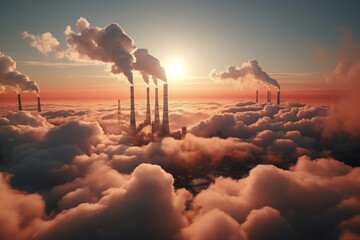 Industry, industry and ecology - white smoke (chemical plant power plant), thermal power plant against the blue clear sky. Evaporation Emissions Industry. Earth Day