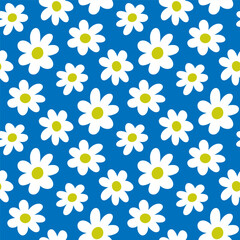 Beautiful small white-yellow flowers isolated on a blue background. Cute floral seamless pattern. Vector simple flat graphic hand drawn illustration. Texture.