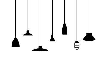 Various hanging ceiling lamps. Lamp, chandelier. Black silhouette. Front side view. Vector simple flat graphic illustration. Isolated object on a white background. Isolate. - obrazy, fototapety, plakaty