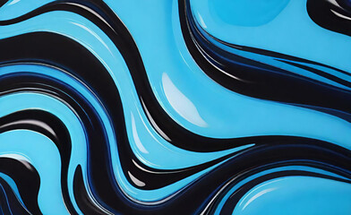 青と黒の抽象的なカラフルなサイケデリックな有機液体ペイント インク大理石のテクスチャ背景。ダークで滑らかな表面波動ミックスランダムパターン。創造性フロー絵画の偶然のコンセプト。