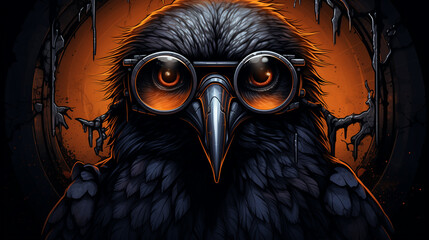 Obraz premium Illustration of a portrait of a raven with glasses in a Gothic style.