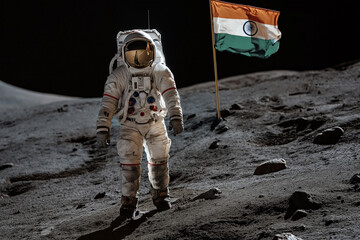 An astronaut walks on the surface of the moon next to the Indian flag - obrazy, fototapety, plakaty