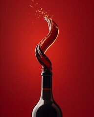 An open bottle of red wine is captured mid-splash, with a graceful liquid arc rising from its neck against a vibrant red backdrop. The dynamic motion of the wine creates a sense of movement and luxury