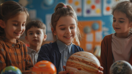 Fototapeta premium An adorable schoolgirl studying in a classroom with classmates.