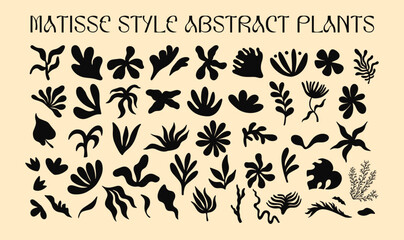 Mattise style abstract plants cutouts shapes and forms elements set. Simple flowers and leaves vector illustration collection, different types of floral decorative elements kit for design, poster  - obrazy, fototapety, plakaty