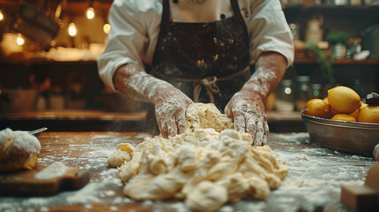 A woman making fresh pizza dough in a bakery kitchen.