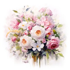 Beautiful arrangement of flowers in a painted style on clean background.