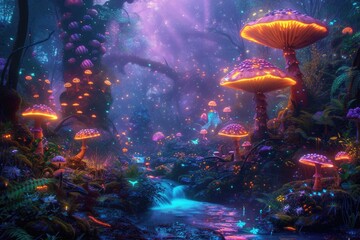 An ethereal scene of an enchanted forest illuminated by the soft glow of mystical, oversized mushrooms along a serene stream. Resplendent.
