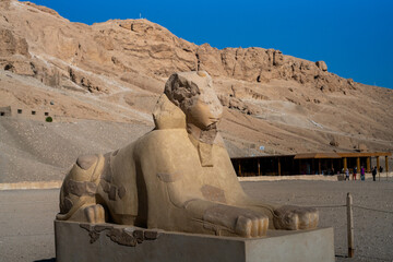 Statue of Sphinx at the lower terrace of The Temple of Hatshepsut, a mortuary temple built during...