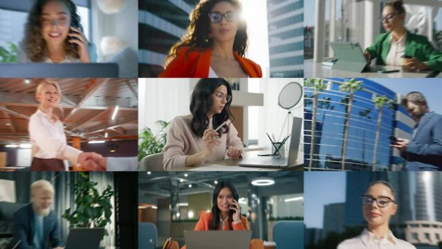 Zoom out collage of hispanic business entrepreneur woman working on laptop. Smiling business people part of diverse ethnic, age, gender group. Corporate managers using smartphone, computer technology