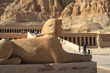 Statue of Sphinx at the lower terrace of The Temple of Hatshepsut, a mortuary temple built during...