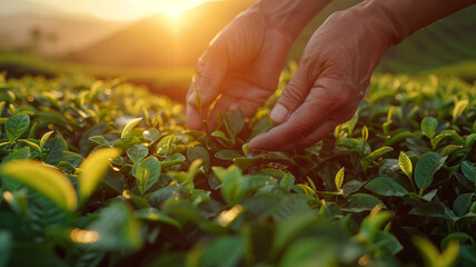 Fototapeta premium Woman holding freshly picked tea leaves in a tea plantation at sunset.