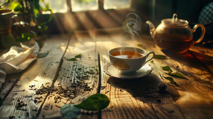 A hot cup of herbal tea on a wooden table in the morning.