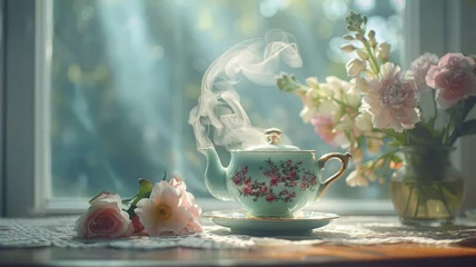 Schilderijen op glas A hot cup of herbal tea on a wooden table. © SashaMagic