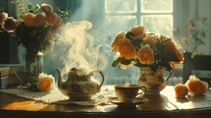Fototapeta premium Romantic breakfast with hot tea and roses.