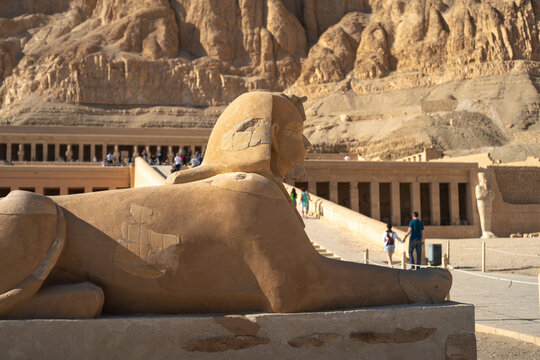 Statue of Sphinx at the lower terrace of The Temple of Hatshepsut, a mortuary temple built during the reign of Pharaoh Hatshepsut of the eighteenth dynasty of Egypt, located opposite the city of Luxor