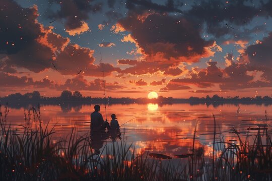 A heartwarming scene of a father and child fishing together on Father's Day, with a beautiful sunset in the background © Muhammad