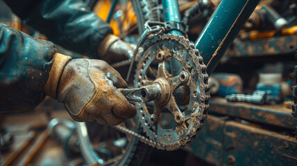 A mechanic inspects an old rusty bicycle