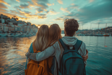 Fototapeta premium Friends hugging by the harbor at sunset.