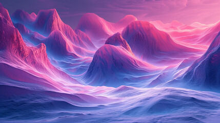 A fantasy mountain landscape with soft and rounded architectural forms in blue and purple tones, a...