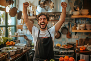 Happy man wearing apron dancing in kitchen at home - Powered by Adobe