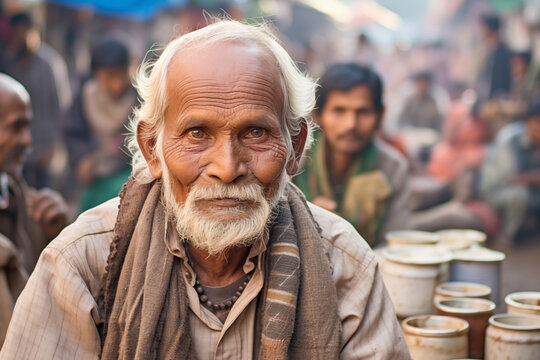 Portrait of aged calm face of old Hindu Man selling a various spices in shop on the indian street market. Agriculture industry, food industry, working people and traveling concept image.