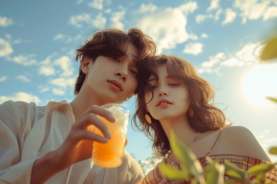 handsome asian young man and woman with a glass of juice in the sky background
